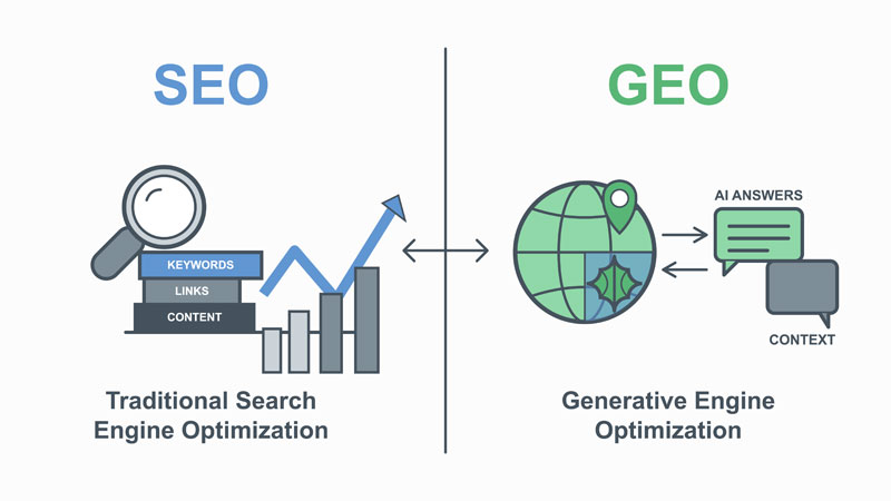 An illustration of the differences between SEO and GEO.