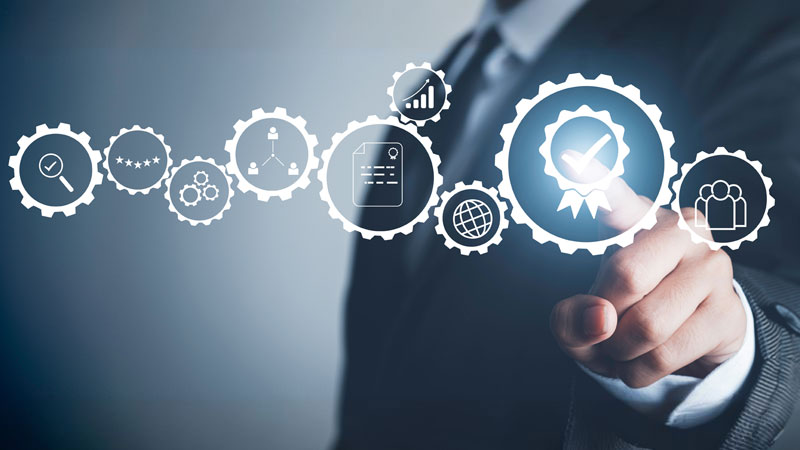 A person showcasing digital marketing icons and graphics