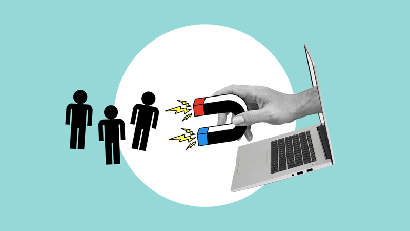 Inbound marketing concept: a hand attracting people using a magnet